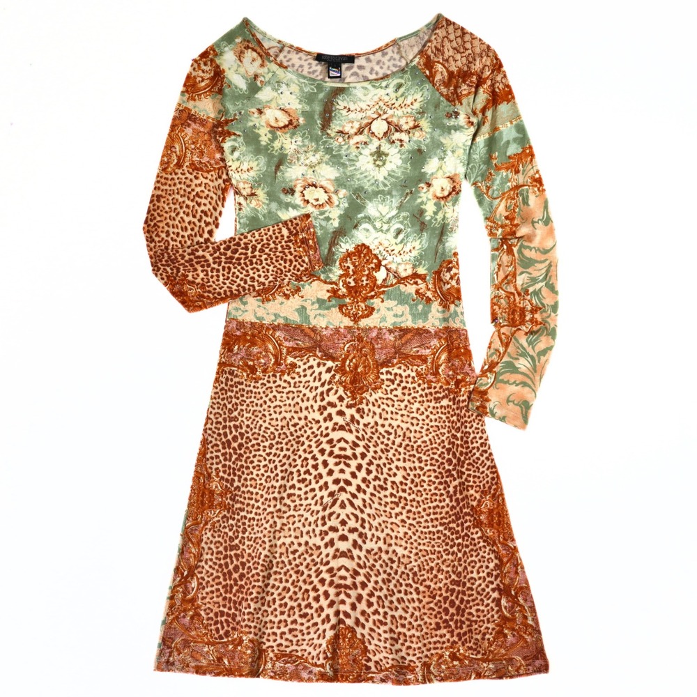 Vintage Roberto Cavalli Y2K Sage Green Leopard Print Rhinestone Dress S Archival